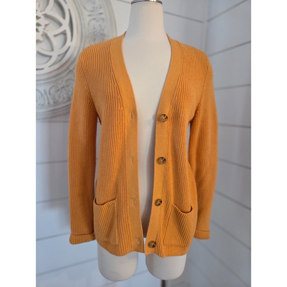 Lands End Chunky Knit Cardigan Womens Small Apricot Orange Pockets Cotton